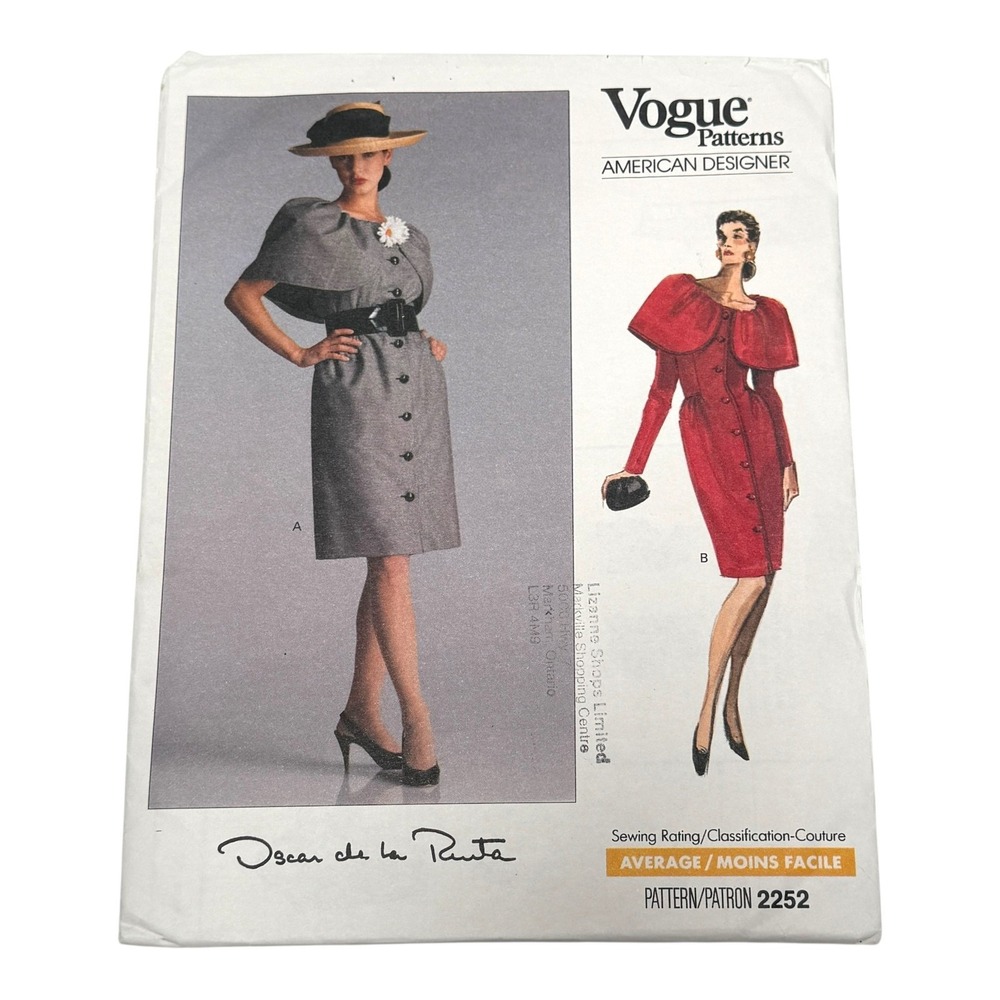 Vogue 2252 Oscar de la Renta Dress with Capulet Size 6 8 10 Sewing Pattern Uncut
